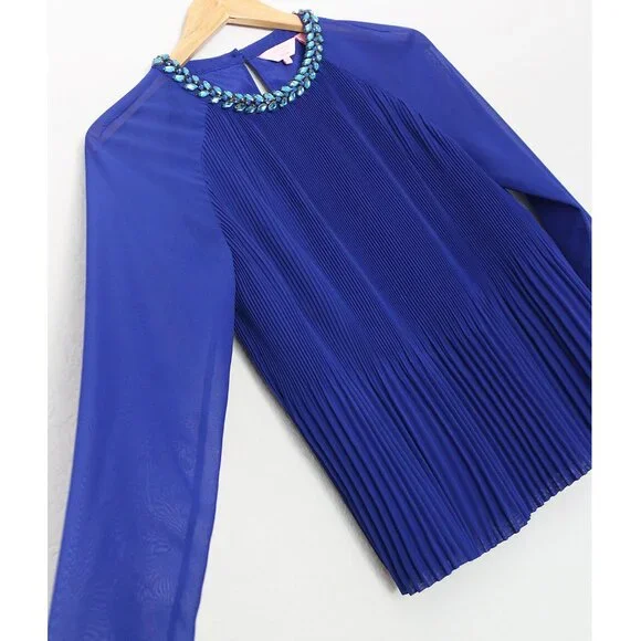 Ted Baker Lovina Jewel Embellished Accordion Pleated Blouse Cobalt Royal Blue 4 - Picture 8 of 16